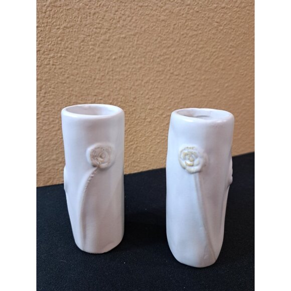 Pair Of White Ceramic Flower Bud Vases With Raised Floral Design - Picture 2 of 8